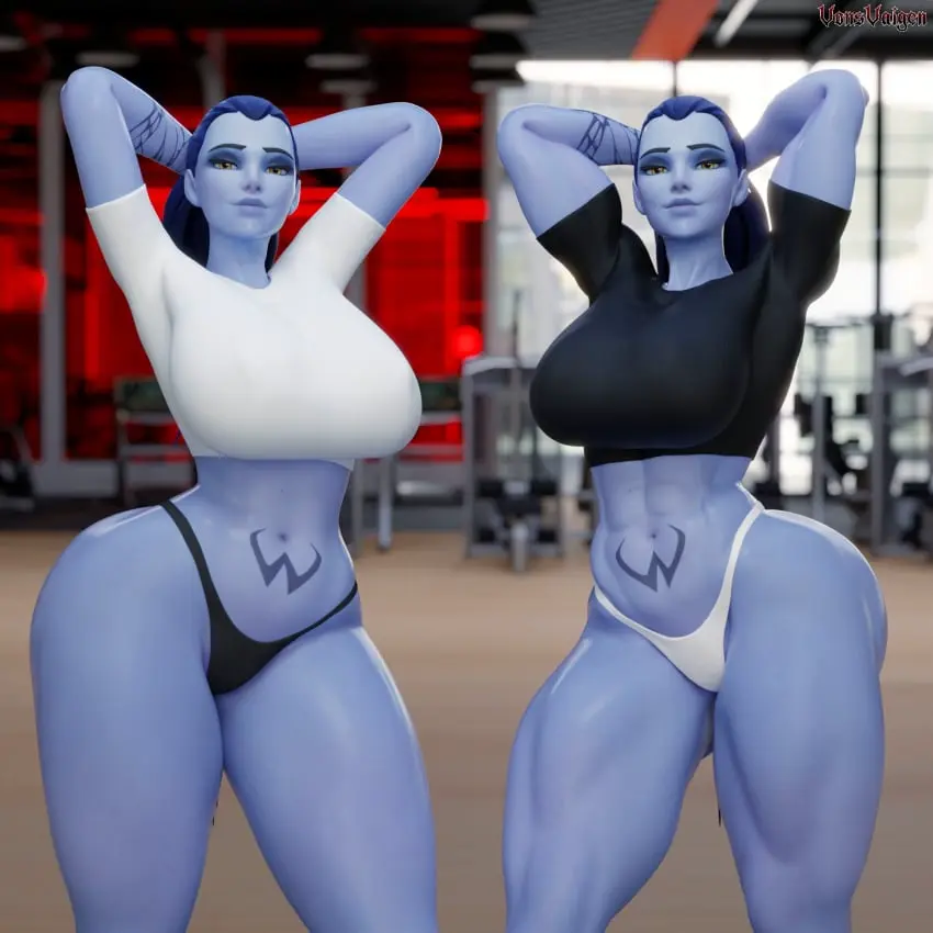 Image big_breasts,breasts,female,female_only,looking_at_viewer,2girls,blue_hair,yellow_eyes,ass,big_ass,thick_thighs,ponytail,muscular,wide_hips,gym,sports_bra,tattoo,purple_skin,3d,fit,fit_female,black_fingernails,thong,abs,no_pants,thunder_thighs,muscular_female,black_nails,overwatch,overwatch_2,blizzard_entertainment,muscular_thighs,widowmaker,oiled,oiled_skin,sports_bikini,amelie_lacroix,black_thong,purple-skinned_female,oily,elbow_sleeve,tattoo_on_stomach,vonsvaigen