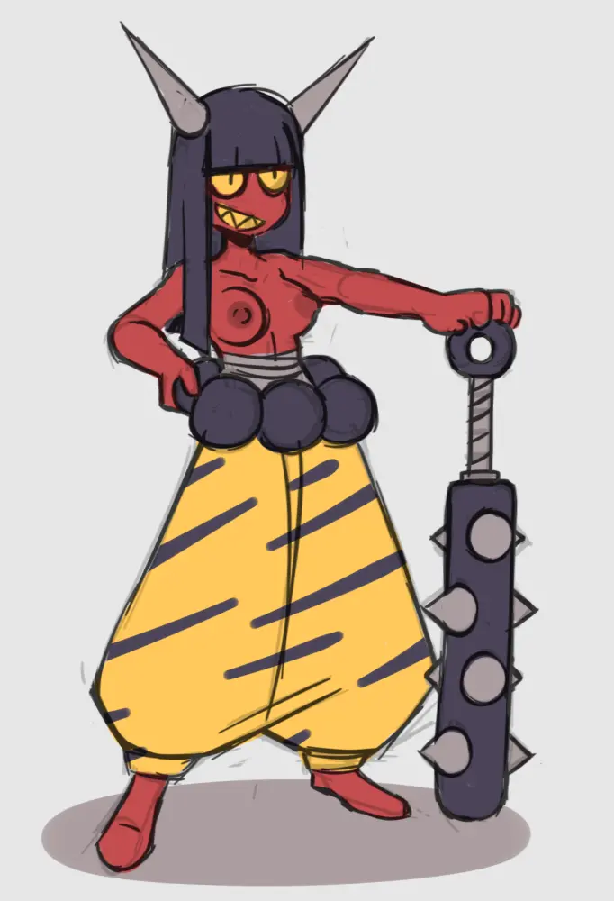Image breasts,female,long_hair,nipples,black_hair,yellow_eyes,female_focus,barefoot,horns,grin,shadow,hand_on_hip,topless,sharp_teeth,holding_object,holding,belt,red_skin,grey_background,topless_female,holding_weapon,oni,holding_bat,baggy_pants,yellow_teeth,yellow_pants,hand_on_weapon,holding_mace,kanabo,kanabō,nekuzx,striped_pants