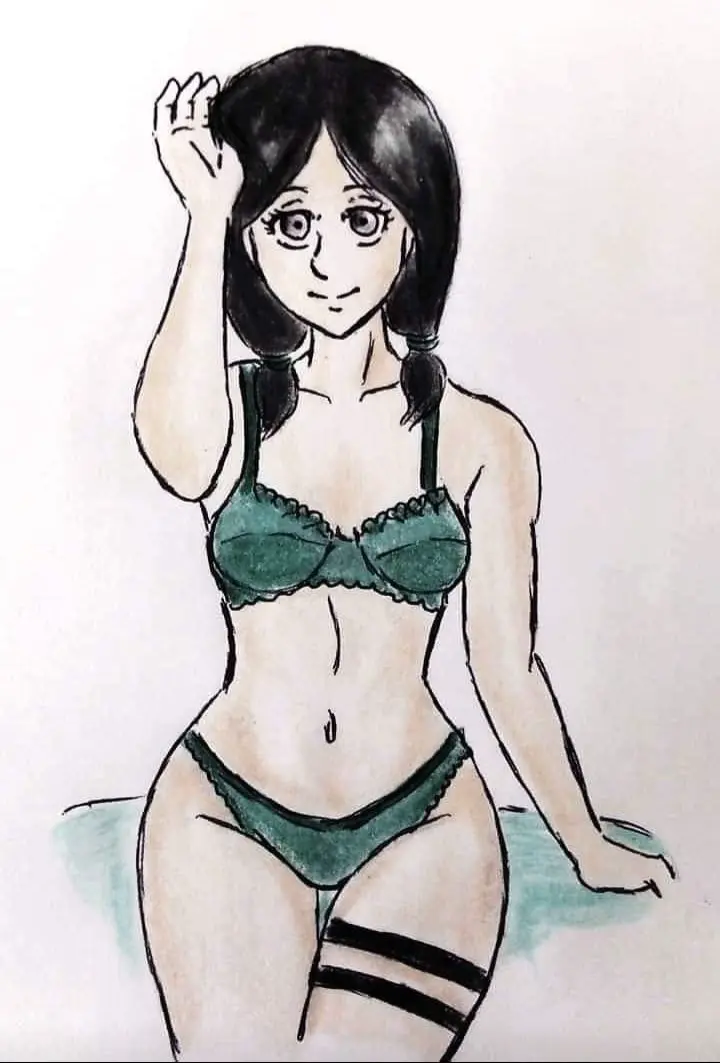 Image 1girls,female,looking_at_viewer,black_hair,seductive,solo_female,underwear_only,pencil_(artwork),traditional_media_(artwork),attack_on_titan,shingeki_no_kyojin,hand_drawn,mina_carolina,snk_andree_art