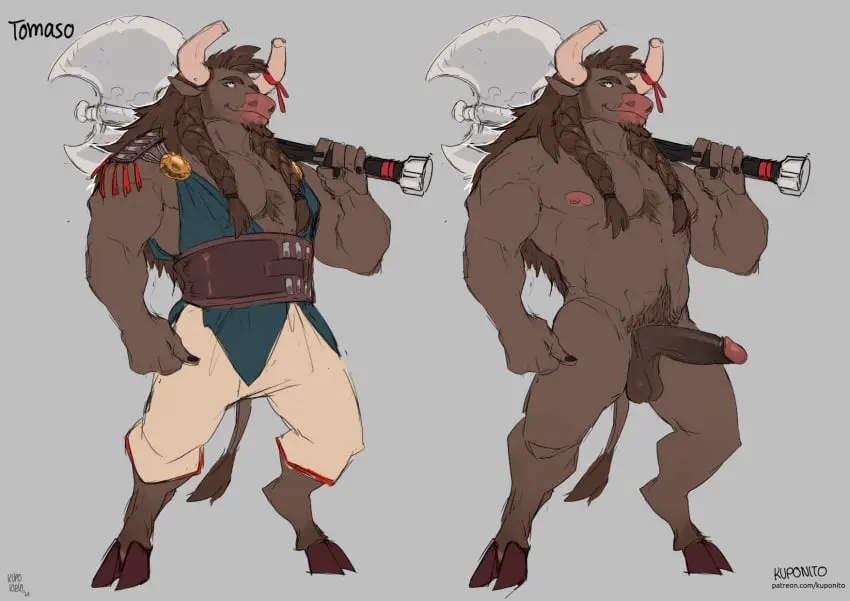 Image clothed,clothing,hi_res,nipples,male,nude,penis,muscular,muscular_male,balls,anthro,mythology,european_mythology,greek_mythology,genitals,mammal,muscular_anthro,pecs,horn,minotaur,bovid,bovine,hooves,2_horns,axe,battle_axe,kupoklein,tomaso_(kupoklein)
