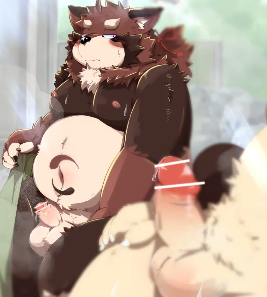 Image blush,hi_res,nipples,male,navel,penis,sweat,duo,erection,male/male,belly,solo_focus,balls,anthro,censored,penis_size_difference,bodily_fluids,canid,canine,genitals,mammal,steam,2024,towel,tanuki,brown_body,moobs,raccoon_dog,kemono,botamochi_(tsurugi),tsurugi