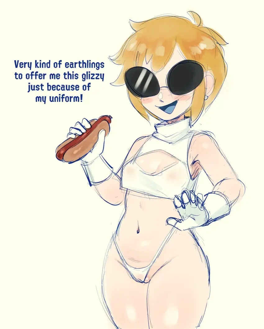 Image 1girls,blush,breasts,female,human,open_mouth,smile,solo,gloves,humanized,navel,short_hair,panties,tongue,thighs,wide_hips,cleavage,orange_hair,solo_female,glasses,text,curvy,curvy_figure,curvy_hips,mario_(series),nintendo,holding_object,sleeveless,white_gloves,ear_piercing,english_text,flat_chest,sunglasses,tinted_eyewear,alien,crop_top,boob_window,food,shades,warioware,blue_tongue,pussy_visible_through_clothes,dai_yuurei,omega_haunter,omegahaunter,blush_stickers,alien_look_like_human,areolae_visible_through_clothing,holding_food,hot_dog,disguise,orbulon