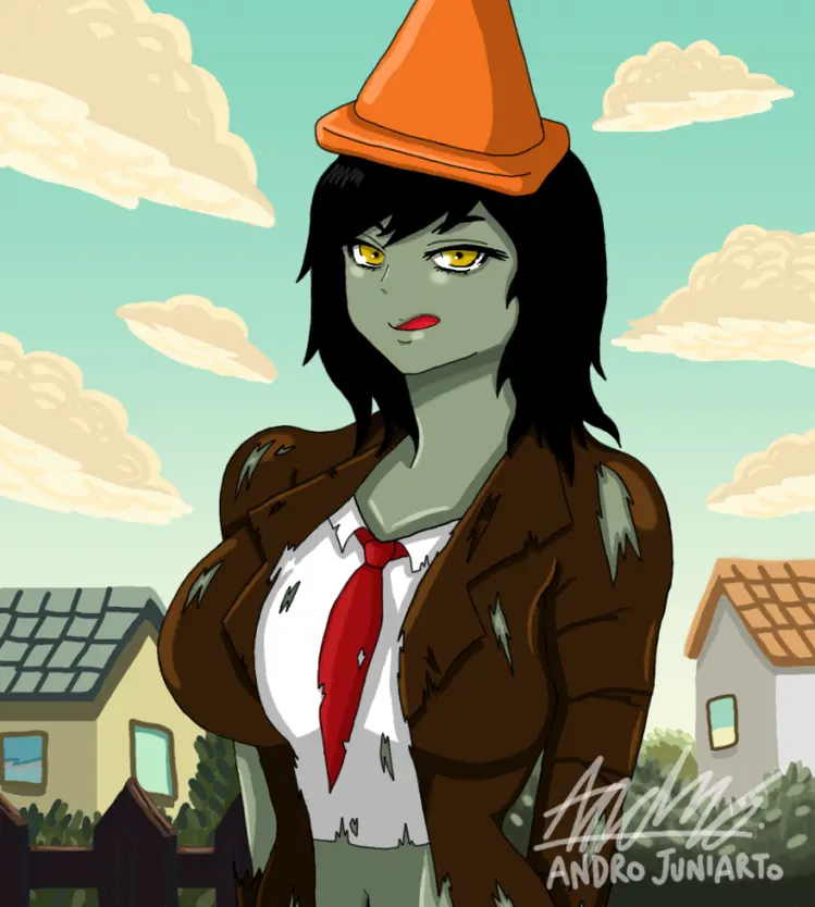 Image big_breasts,breasts,clothed,clothing,female,black_hair,yellow_eyes,green_skin,licking_lips,zombie,zombie_girl,plants_vs_zombies,damaged_clothes,zombie_(pvz),androjuniarto,conehead_zombie_(pvz)