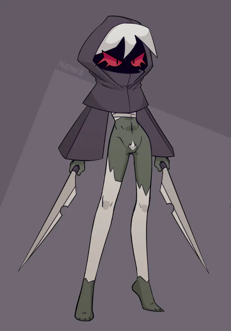 Image female,female_only,long_sleeves,red_eyes,white_hair,navel,pussy,short_hair,white_legwear,female_focus,barefoot,eyelashes,green_skin,holding_object,bottomless,grey_background,hood,hood_up,bottomless_female,holding_weapon,pubes,torn_clothing,torn_legwear,holding_knife,on_toes,nekuzx,artemisia_(nekuzx),face_in_shadow,white_leggings