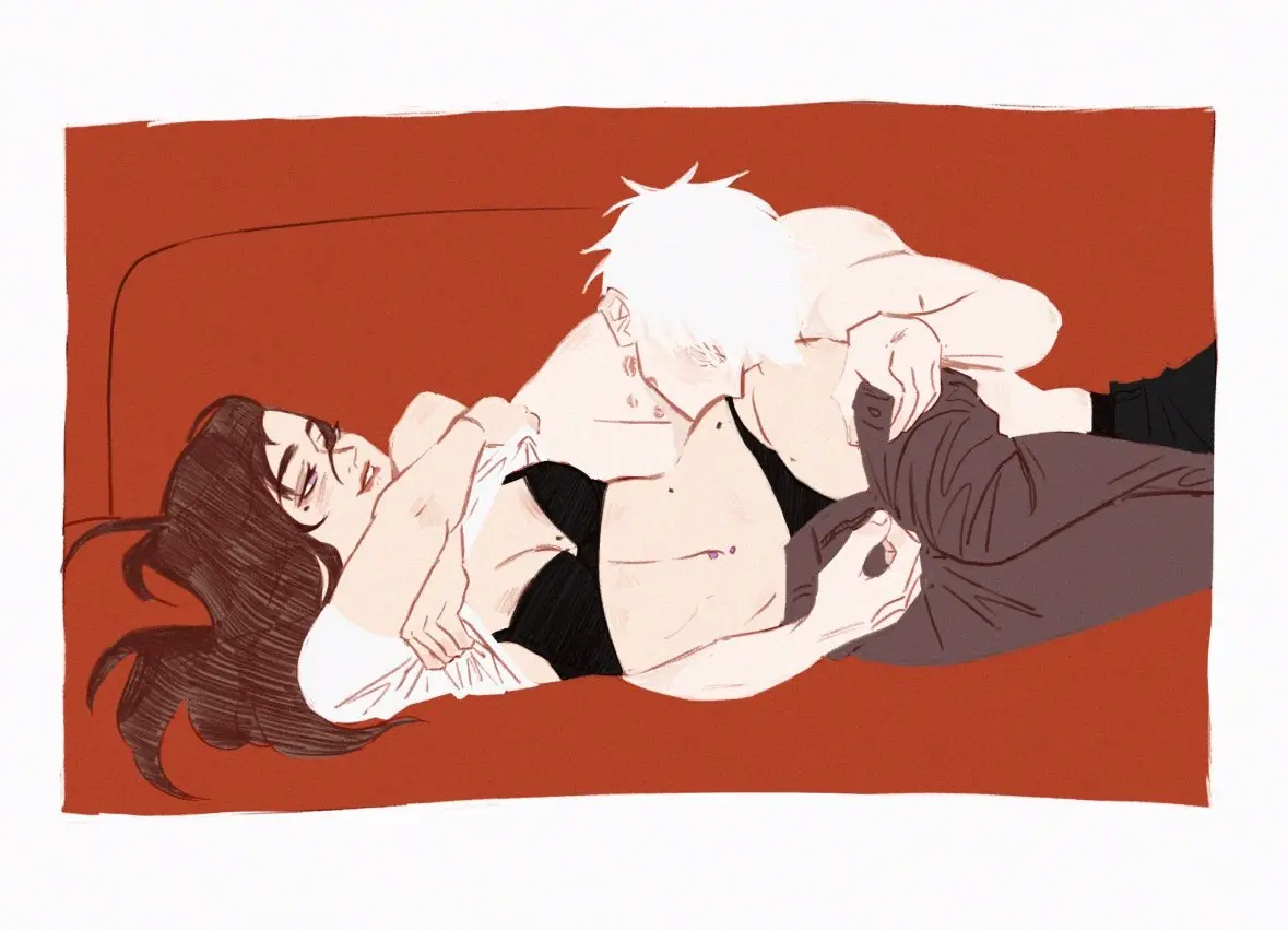 Image breasts,white_hair,male,cleavage,curvy_figure,brown_hair,black_panties,fit,fit_male,taking_clothes_off,undressing,jujutsu_kaisen,kiss_mark,shoko_ieiri,black_bra,satoru_gojo,kisses,moles,hickey_marks,moles_under_eyes