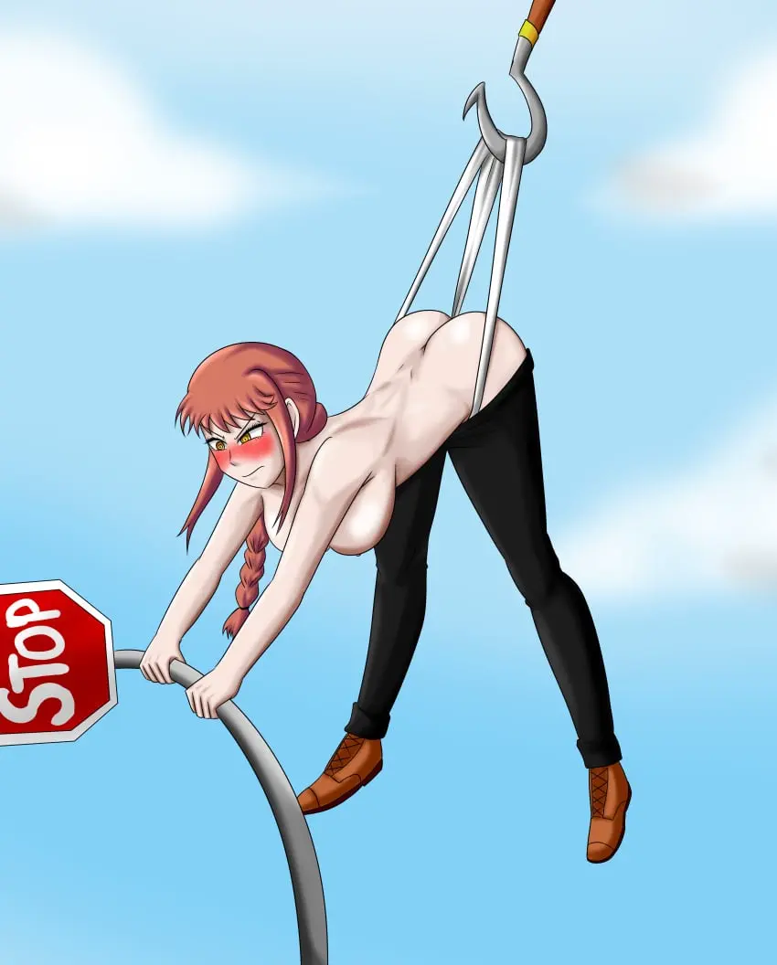 Image blush,breasts,female,panties,ass,tagme,topless,holding_object,chainsaw_man,functionally_nude,wedgie,makima_(chainsaw_man),hook,embarrassed_nude_female,stop_sign,spongebob_reference,sodaska
