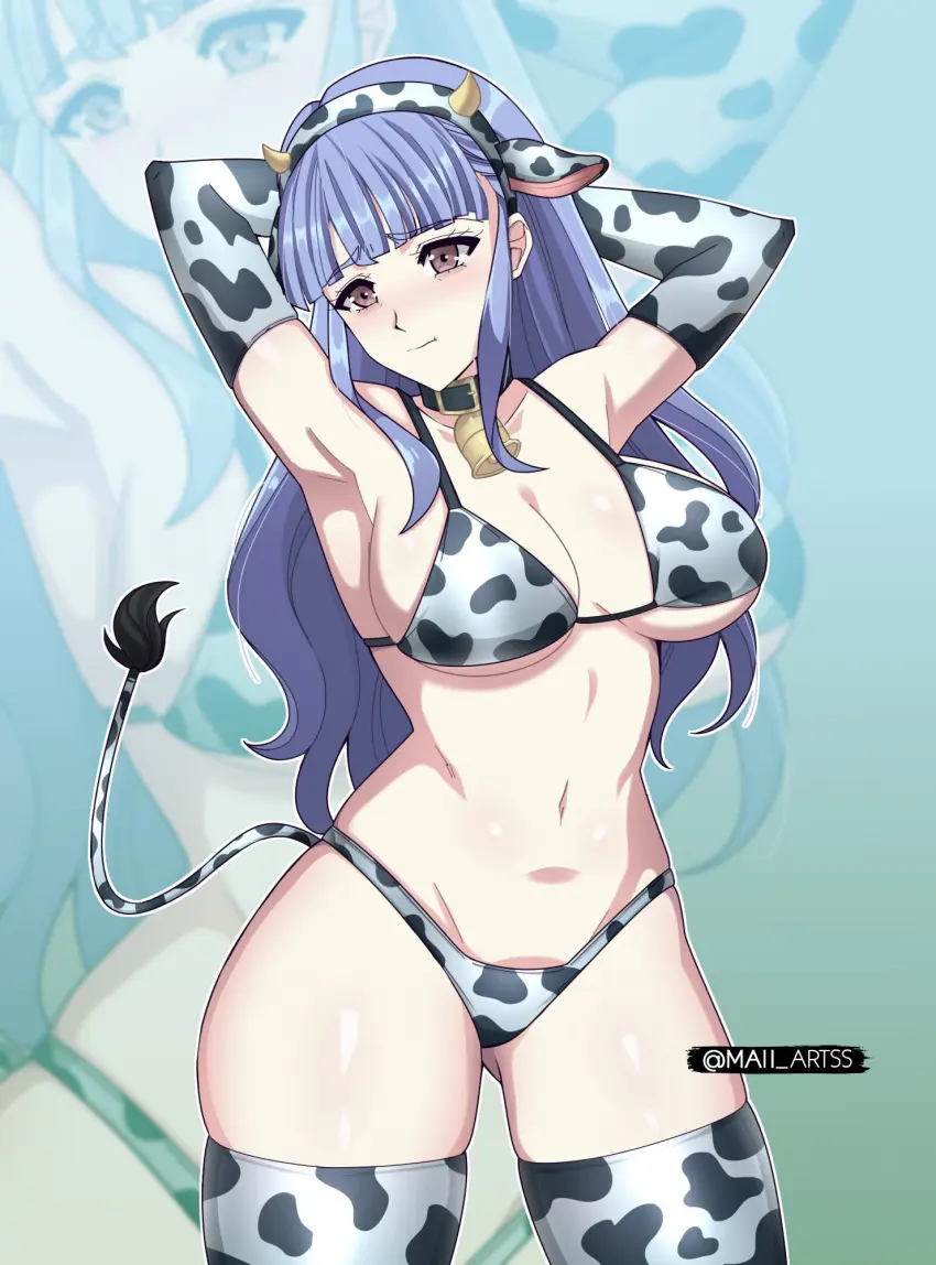 Image 1girls,blush,brown_eyes,female,female_only,highres,light-skinned_female,light_skin,long_hair,solo,blue_hair,navel,thighhighs,bikini,watermark,arms_behind_head,arms_up,artist_name,cleavage,hairband,stockings,cow_print,nintendo,collar,closed_mouth,revealing_clothes,fire_emblem,fire_emblem:_three_houses,2024,fake_animal_ears,cow_girl,cow_print_bikini,fully_clothed,alternate_hairstyle,cow_ears,bell,bell_collar,fake_tail,cow_tail,cowbell,cow_print_thighhighs,official_alternate_hairstyle,fire_emblem_warriors:_three_hopes,marianne_von_edmund,maii_artss
