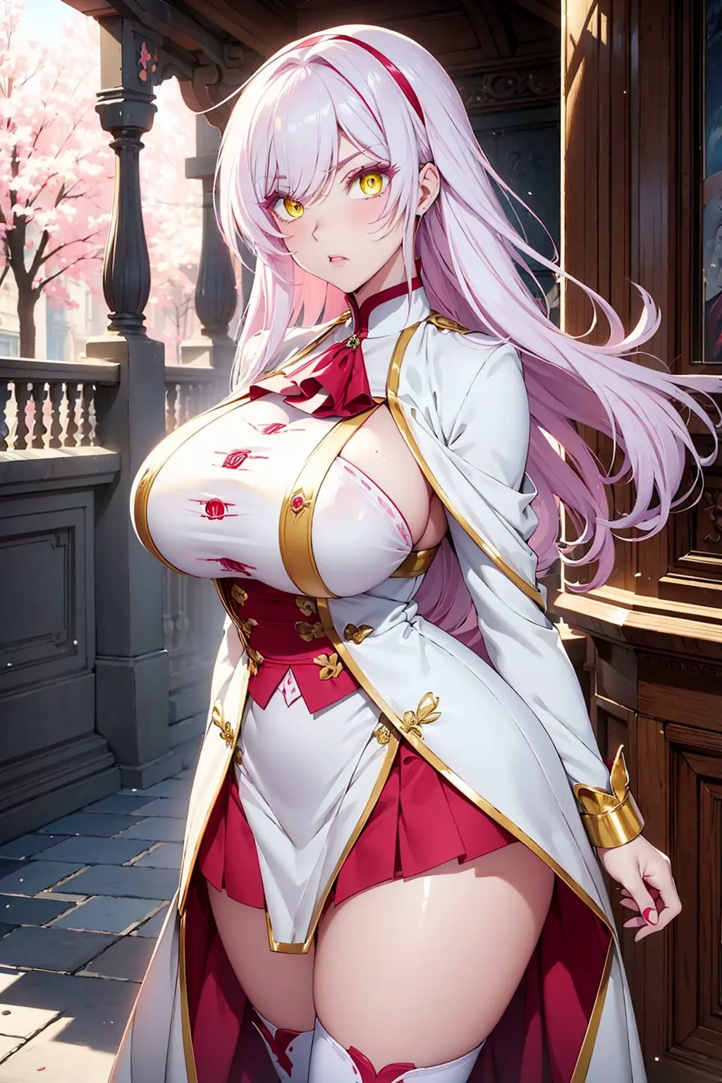 Image blush,breasts,female,female_only,large_breasts,long_hair,solo,white_hair,thighhighs,yellow_eyes,ai_generated,sideboob,vampire,skirt,tree,cherry_blossoms,jeanne_(vanitas_no_carte),vanitas_no_carte