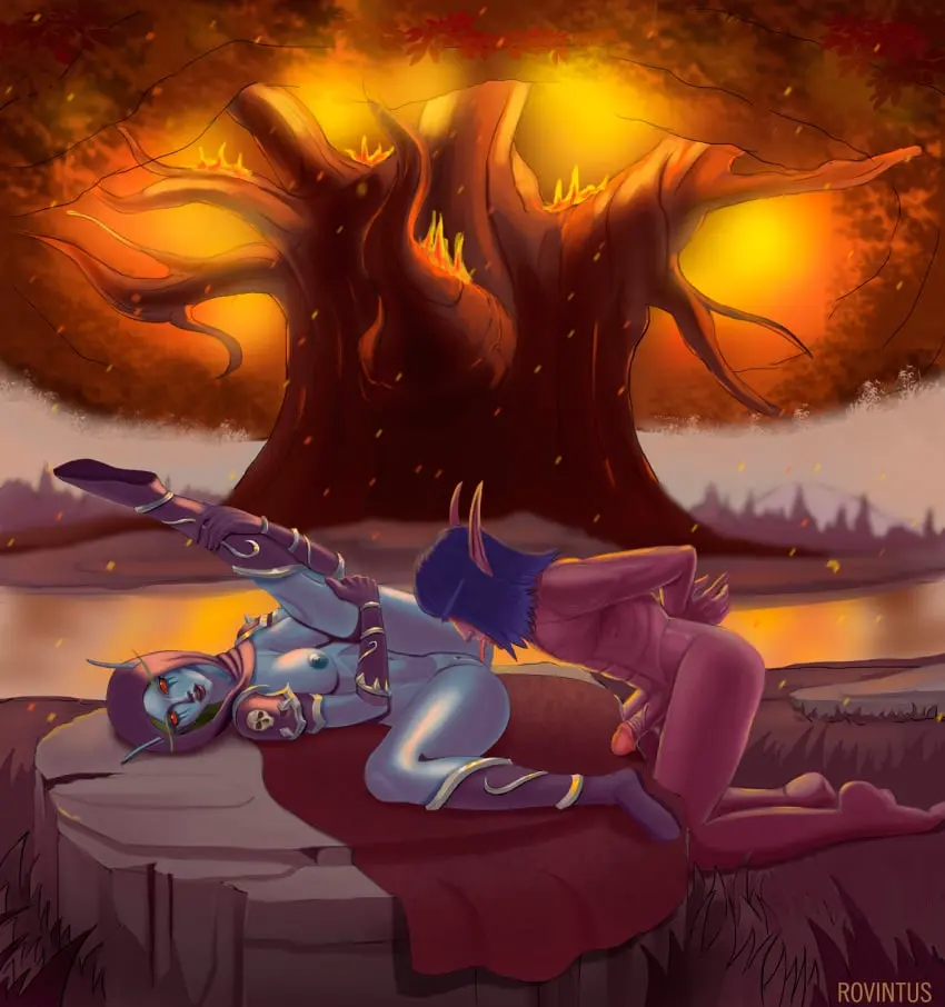 Image 1girls,female,1boy,male,oral,purple_skin,blonde_hair,night_elf,warcraft,world_of_warcraft,oral_sex,restrained,cunnilingus,interspecies,femdom,blizzard_entertainment,blue_skin,arms_behind_back,night_elf_male,undead,forsaken,sylvanas_windrunner,undead_(warcraft),rovintus
