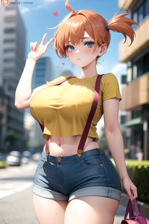 Image 1girls,blush,breasts,female,female_only,human,human_only,light-skinned_female,light_skin,looking_at_viewer,shirt,solo,standing,suspenders,blue_eyes,pokemon,short_hair,ai_generated,orange_hair,solo_female,medium_breasts,stable_diffusion,nai_diffusion,nintendo,shorts,side_ponytail,2024,blurry_background,kasumi_(pokemon),city,game_freak,video_game,video_game_character,city_background,human_female,creatures_(company),jean_shorts,pokemon_rgby,gym_leader,yellow_shirt