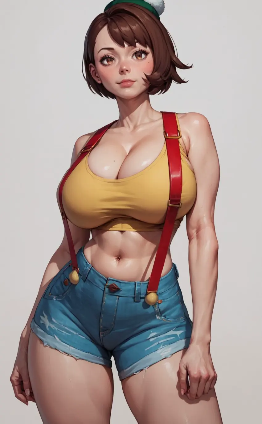 Image breasts,female,large_breasts,looking_at_viewer,pokemon,thick_thighs,patreon,ai_generated,aged_up,cosplay,sfw,gloria_(pokemon),xheceox