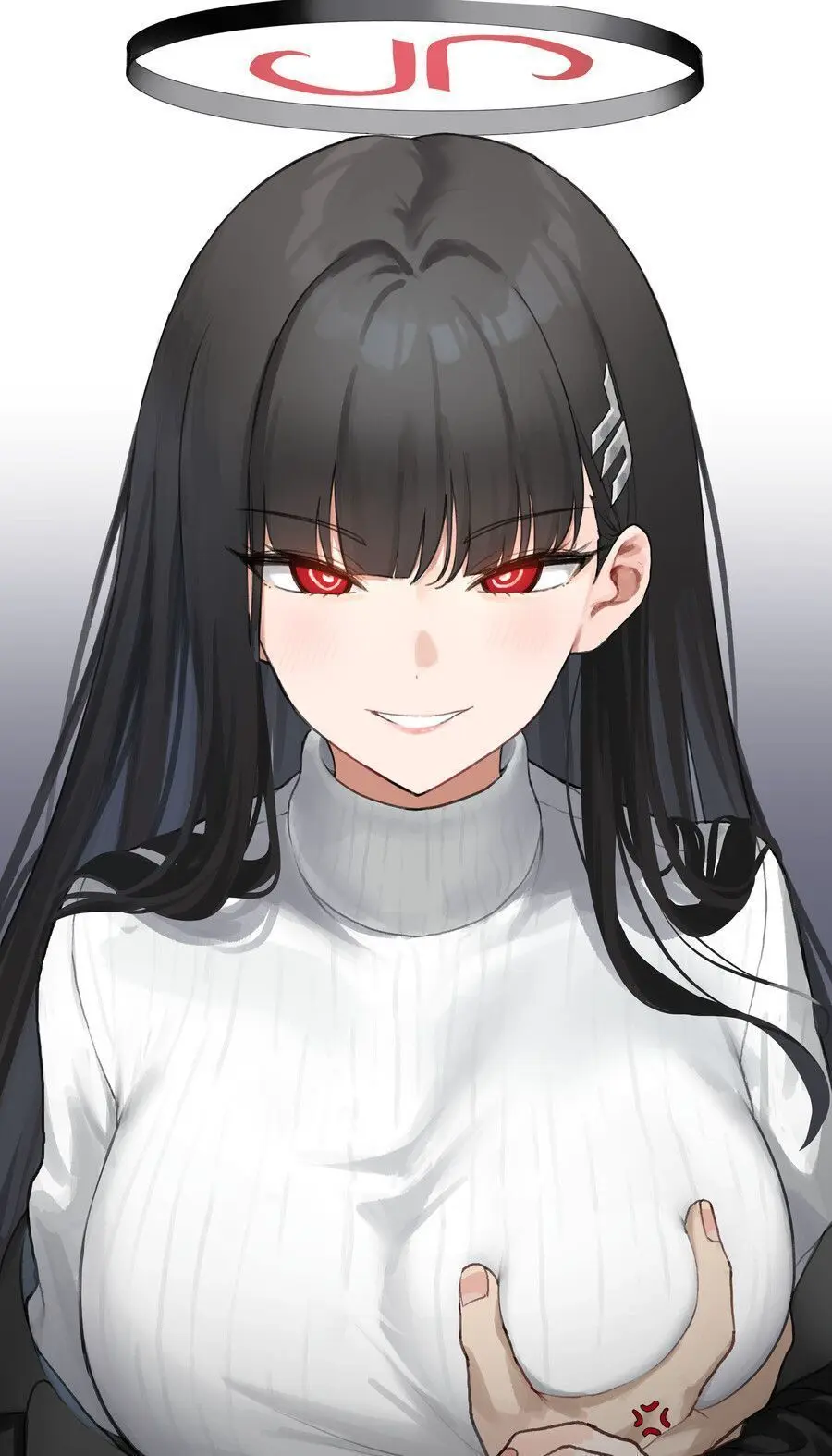 Image big_breasts,blush,breasts,female,long_hair,red_eyes,smile,black_hair,blue_archive,smiling,hairclip,halo,artist_request,breast_grab,groping,breast_squeeze,breast_squish,smirk,turtleneck,rio_(blue_archive),boob_squish,boob_grab