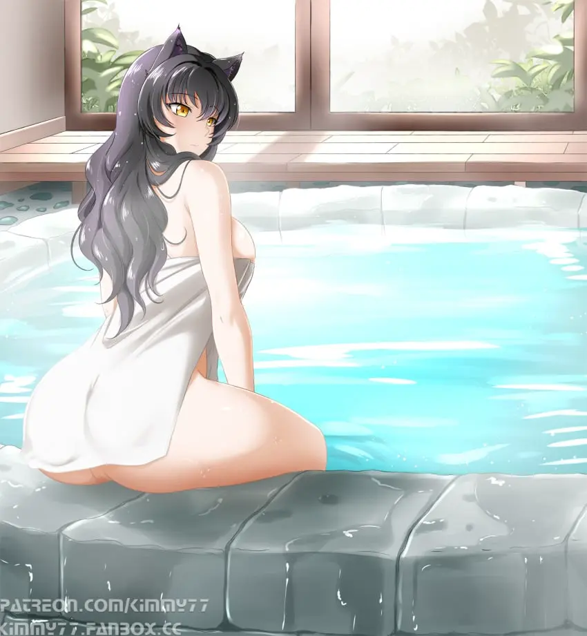 Image 1girls,breasts,female,large_breasts,long_hair,black_hair,pussy,yellow_eyes,ass,cat_ears,catgirl,water,wet,towel,onsen,rwby,blake_belladonna,kimmy77