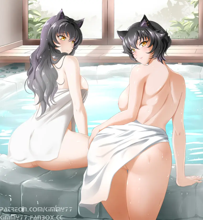 Image breasts,female,large_breasts,long_hair,looking_at_viewer,2girls,black_hair,multiple_girls,pussy,short_hair,yellow_eyes,ass,earrings,milf,cat_ears,catgirl,water,edited,towel,onsen,mother_and_daughter,rwby,hand_on_ass,blake_belladonna,kali_belladonna,towel_around_waist,kimmy77