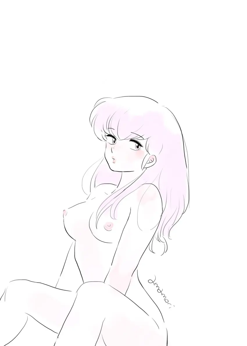 Image 1girls,blush,breasts,female,human,long_hair,nipples,simple_background,solo,white_background,nude,solo_female,nude_female,naked,sitting,monochrome,artist_signature,naked_female,sketch,hair_over_shoulder,amamorituyuko,kyoko_otonashi,maison_ikkoku,watercolor