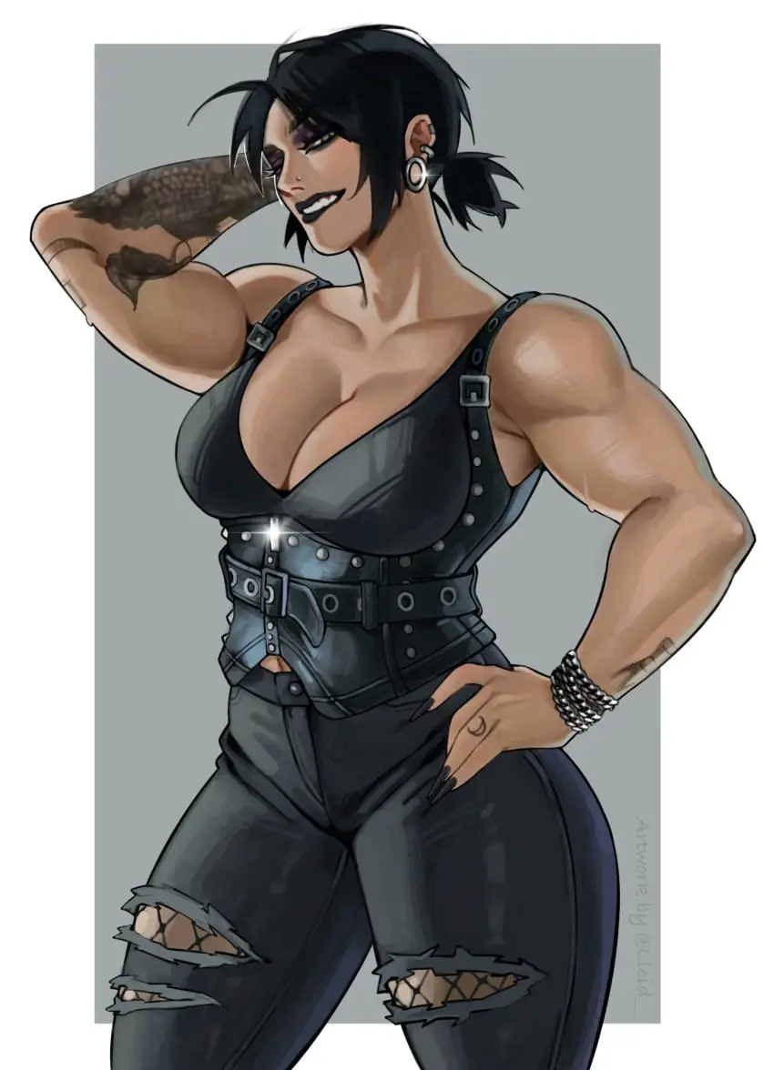 Image 1girls,big_breasts,breasts,female,black_hair,ass,big_ass,thick_thighs,muscular,clothes,tattoo,biceps,makeup,lipstick,abs,muscular_female,goth,goth_girl,muscles,black_lipstick,tattoos,no,flexing,goth_mommy,black_makeup,wwe,lloid,rhea_ripley