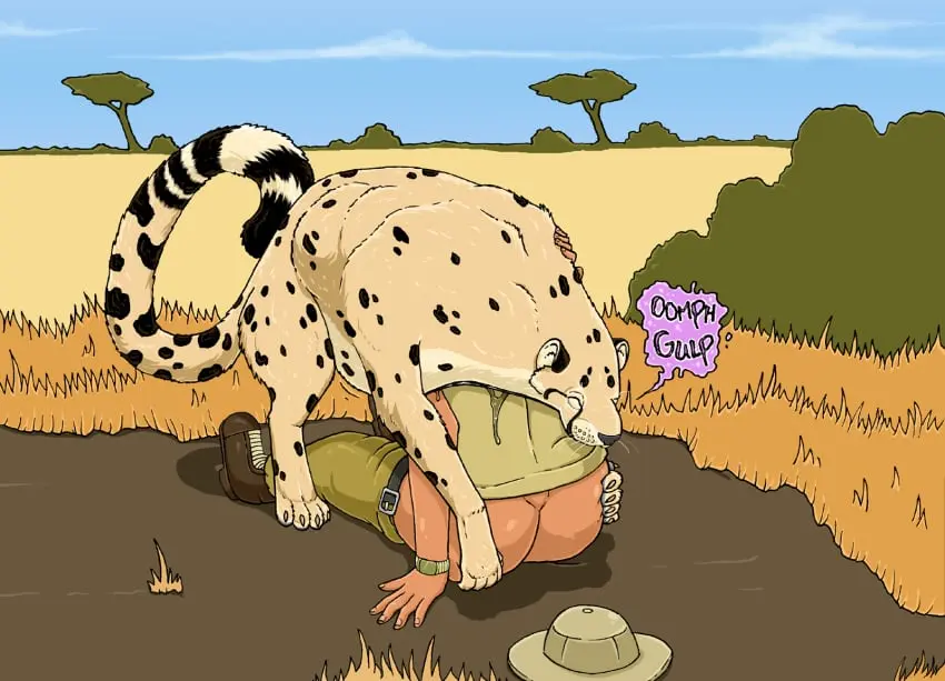 Image clothed,clothing,female,hi_res,human,pants,shirt,male,tail,ass,hat,duo,headwear,feet,headgear,shaded,tan_body,cloud,saliva,bodily_fluids,footwear,fur,mammal,claws,belt,5_fingers,black_nose,feline,imminent_death,outside,tree,fingers,toes,boots,plant,tuft,topwear,tan_fur,feral,felid,bottomwear,pawpads,grass,4_toes,vore,watch,female_pred,male_prey,same_size_vore,spots,inner_ear_fluff,whiskers,cheetah,tan_inner_ear_fluff,clock,oral_vore,shrub,wristwatch,grey_pawpads,brown_claws,stretched_mouth,strega