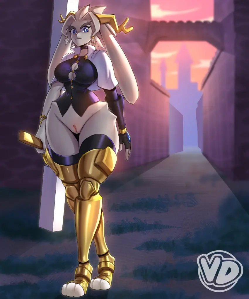 Image breasts,clothed,clothing,female,hi_res,solo,black_gloves,blue_eyes,gloves,pussy,thick_thighs,cleavage,anthro,absurd_res,fur,genitals,grey_body,grey_fur,mammal,horn,antlers,bottomless,legwear,thigh_highs,fingerless_gloves,weapon,bovid,handwear,lagomorph,leporid,rabbit,armwear,armor,caprine,goat,black_clothing,melee_weapon,black_handwear,black_fingerless_gloves,jackalope,dream_breaker_(pseudoregalia),pseudoregalia,sybil_(pseudoregalia),button_(fastener),straining_buttons,vedtomd