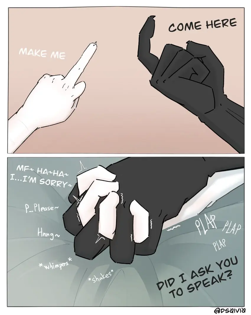 Image hi_res,hand_holding,male,duo,humanoid,femboy,male/male,size_difference,anthro,text,absurd_res,bed,canid,canine,canis,mammal,wolf,black_body,dominant,forced,begging,girly,white_body,furniture,meme,felid,pinned_to_bed,ds0ivi0,stiria