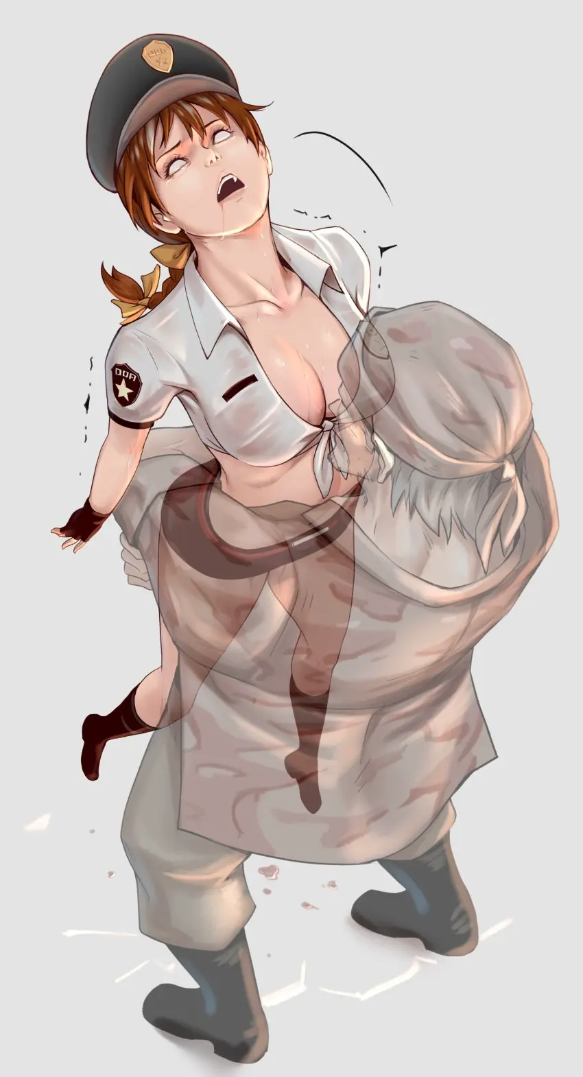 Image 1girls,female,1boy,male,female_focus,solo_focus,dead_or_alive,police_uniform,policewoman,police_officer,ryona,kasumi_(doa),cling,bearhug