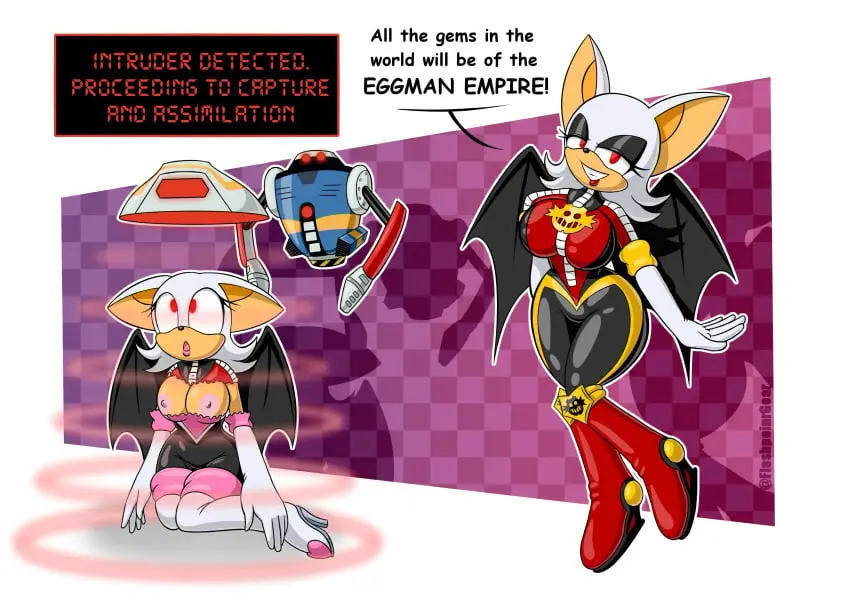 Image breasts,female,nipples,red_eyes,elbow_gloves,gloves,furry,wings,anthro,text,latex,bodysuit,sonic_(series),sonic_the_hedgehog_(series),transformation,before_and_after,breast_expansion,robot,bat_wings,rouge_the_bat,drone,corruption,droneification,assimilation,bat_girl,enemy_conversion,exposed_chest,flashpoint_gear_(artist),property,eggman_empire,eggman_logo,outfit_change