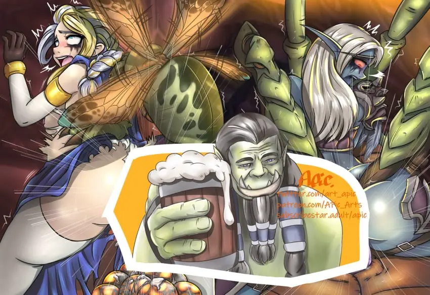 Image female,human,light-skinned_female,light_skin,white_hair,1boy,2girls,male,multicolored_hair,blonde_hair,green_skin,censored,warcraft,world_of_warcraft,interspecies,runny_makeup,zoophilia,blizzard_entertainment,orc,orc_(warcraft),orc_male,blue_skin,jaina_proudmoore,insect,undead,eggs,human_(world_of_warcraft),forsaken,sylvanas_windrunner,undead_(warcraft),apic,silithid,thrall