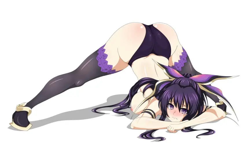 Image blush,breasts,exposed_breasts,female,light-skinned_female,long_hair,nipples,solo,panties,ass,bubble_ass,bubble_butt,solo_female,2d,naked,spread_legs,purple_eyes,socks,purple_hair,2d_(artwork),naked_female,front_view,nipple_slip,date_a_live,yatogami_tohka,jack-o_pose,socks_and_shoes,yatogami_hebikura