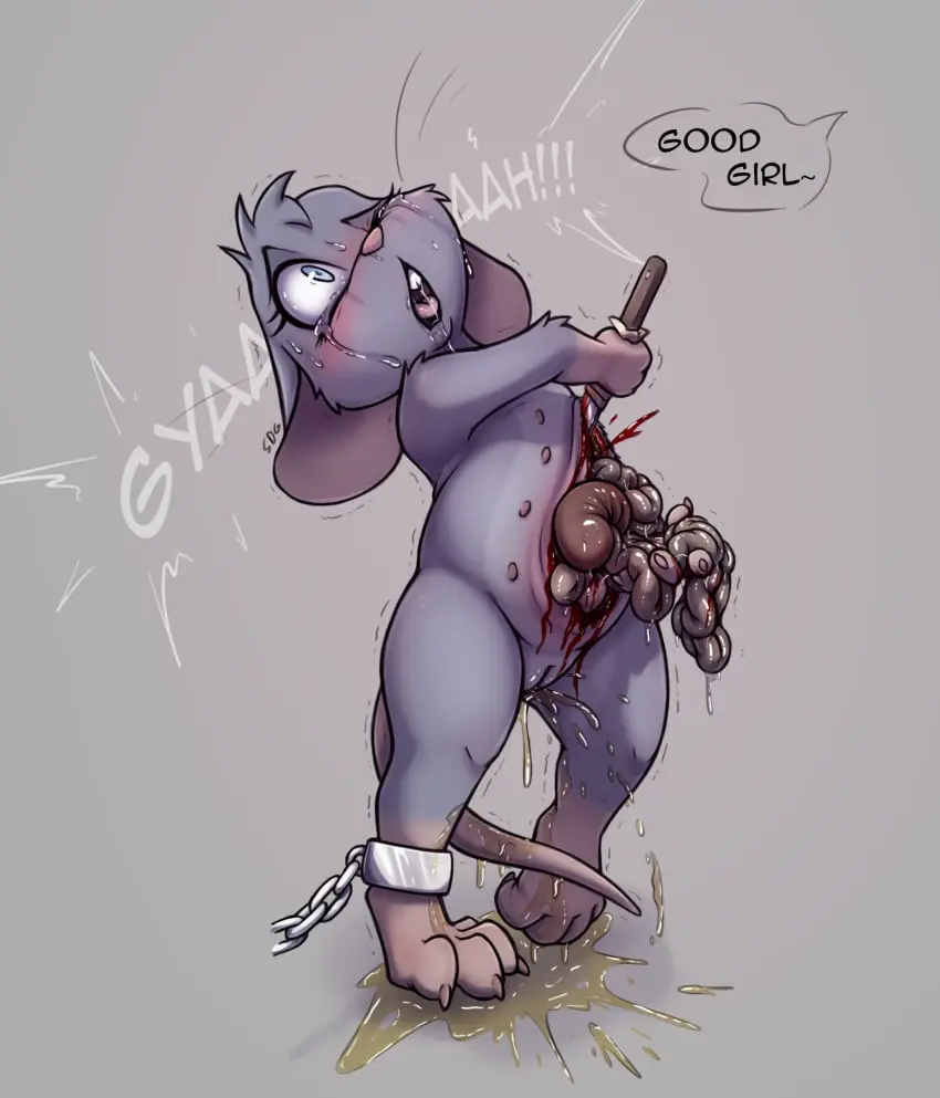 Image blush,female,hi_res,nipples,open_mouth,simple_background,solo,standing,blue_eyes,pussy,tail,tongue_out,tongue,anthro,crying,one_eye_closed,trembling,blood,restrained,slightly_chubby,bodily_fluids,fur,genitals,grey_body,grey_fur,holding_object,mammal,imminent_death,tears,speech_bubble,femsub,murid,chains,chained,shaking,murine,rat,rodent,peeing,pivoted_ears,ears_down,gore,tail_between_legs,knife,guro,female_death,suicide,holding_knife,organs,disembowelment,guts,seppuku,ankle_chain,holding_guts,intestines,self-harm,slowderpyguy