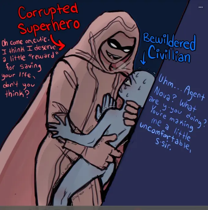 Image clothed,smile,standing,gloves,male,sweat,tongue,size_difference,text,original,looking_down,trembling,ambiguous_gender,dialogue,cape,big_dom_small_sub,dominant,dominant_male,domination,licking_lips,forced,hood,hood_up,smirk,shaking,naughty_face,mask,pinned,questionable_consent,against_wall,anon,imminent_rape,corruption,rape_face,hero,hand_around_waist,afraid,hand_on_neck,fear,knee_between_legs,nastylilbirb,ship_dynamics