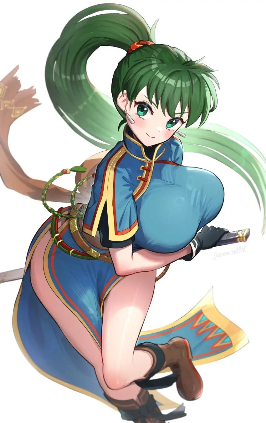 Image 1girls,big_breasts,blush,breasts,female,female_only,grey_hair,highres,large_breasts,long_hair,looking_at_viewer,shiny_skin,simple_background,smile,solo,absurdres,gloves,big_ass,earrings,thighs,ponytail,artist_name,jewelry,green_eyes,legs,dress,lips,nintendo,green_hair,closed_mouth,short_sleeves,holding,fire_emblem,gonzarez,fingerless_gloves,high_ponytail,signature,weapon,boots,sheath,sword,bare_legs,knee_boots,lyn_(fire_emblem),sheathed,fire_emblem:_the_blazing_blade,lyndis_(fire_emblem)