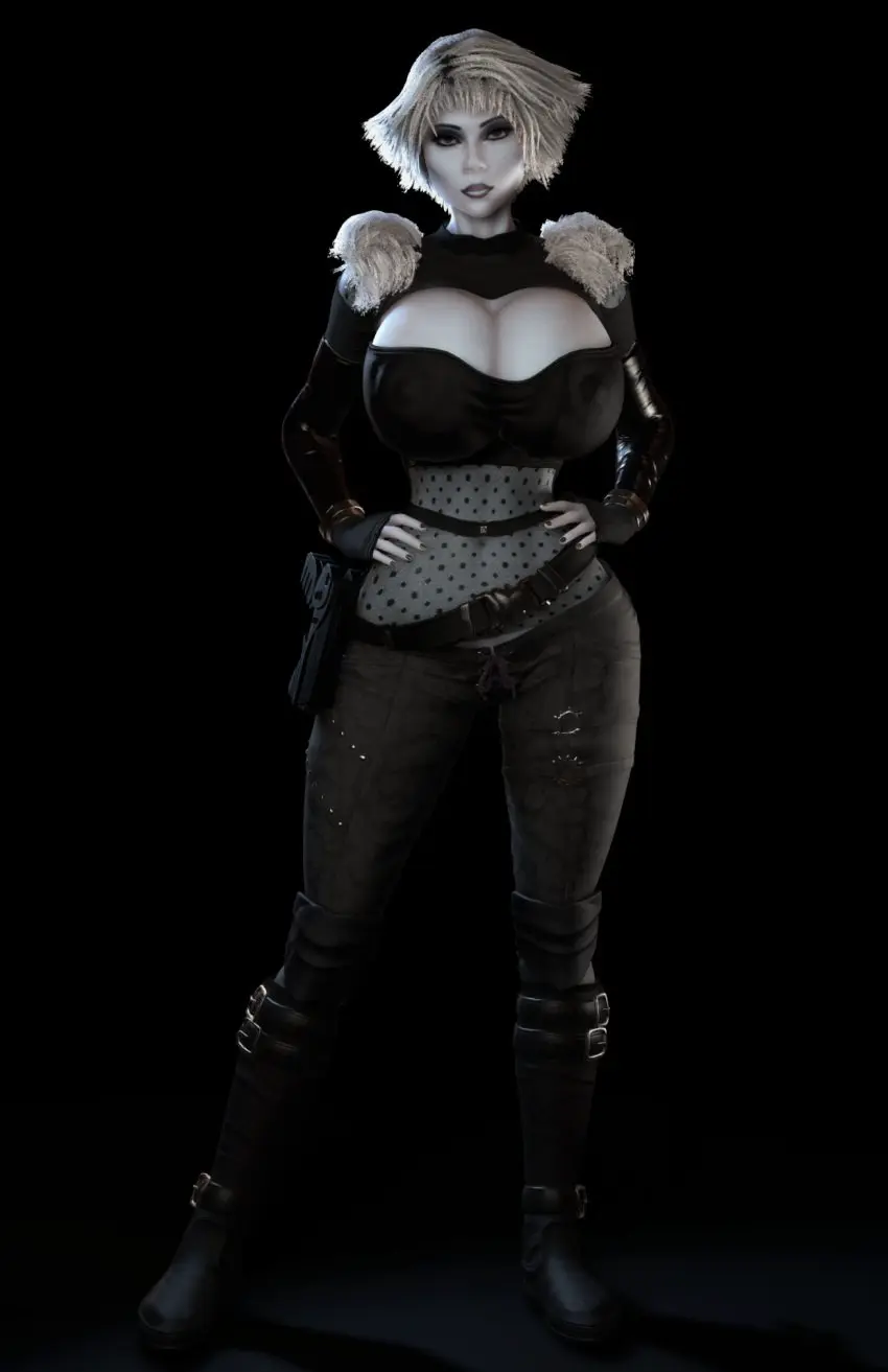 Image 1girls,breasts,clothed,female,female_only,looking_at_viewer,nipples,solo,standing,white_hair,gloves,thick_thighs,thighs,wide_hips,cleavage,clothed_female,solo_female,huge_breasts,enormous_breasts,cleavage_cutout,pale-skinned_female,pale_skin,3d,hourglass_figure,slim_waist,alternate_breast_size,3d_(artwork),belt,emotionless,nipples_visible_through_clothing,fingerless_gloves,front_view,full_body,tomboy,silver_hair,boob_window,grey_skin,hands_on_hips,emotionless_female,indifferent,vaako,chiana,farscape,serious_face,holster,hands_on_own_hips,holstered_pistol