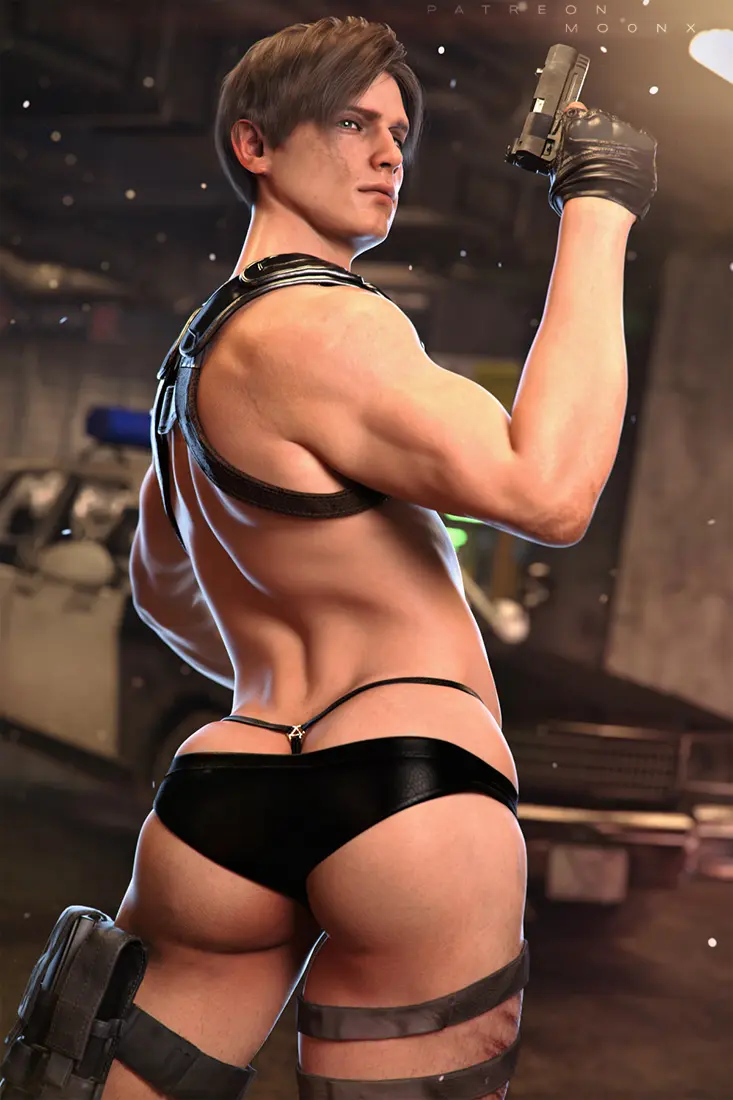 Image light_skin,solo,1boy,male,underwear,male_only,solo_focus,light-skinned_male,3d,3d_(artwork),3d_model,male_focus,solo_male,string_panties,black_underwear,capcom,resident_evil,holding_gun,skimpy_outfit,leon_scott_kennedy,resident_evil_4,resident_evil_4_remake,firearm,police_car,1human,scantily_clad,mo0nx