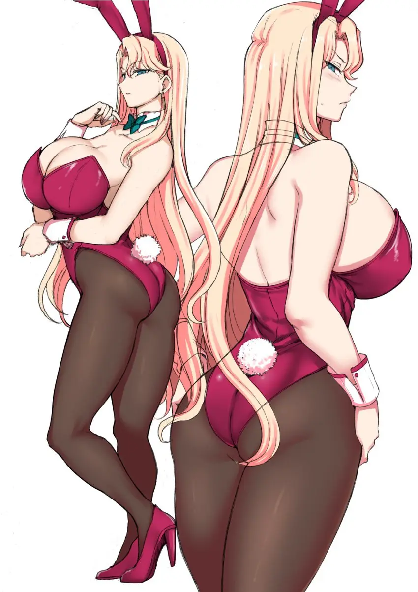 Image breasts,female,highres,long_hair,no_bra,simple_background,white_background,animal_ears,blue_eyes,tail,ass,earrings,thighs,milf,bare_shoulders,cleavage,collarbone,jewelry,sideboob,huge_breasts,blonde_hair,mature_female,rabbit_ears,back,high_heels,bunnysuit,playboy_bunny,leotard,fake_animal_ears,full_body,pantyhose,fake_tail,rabbit_tail,official_art,neckerchief,wrist_cuffs,red_leotard,aiue_oka,kurashiki_reika,saimin_seishidou