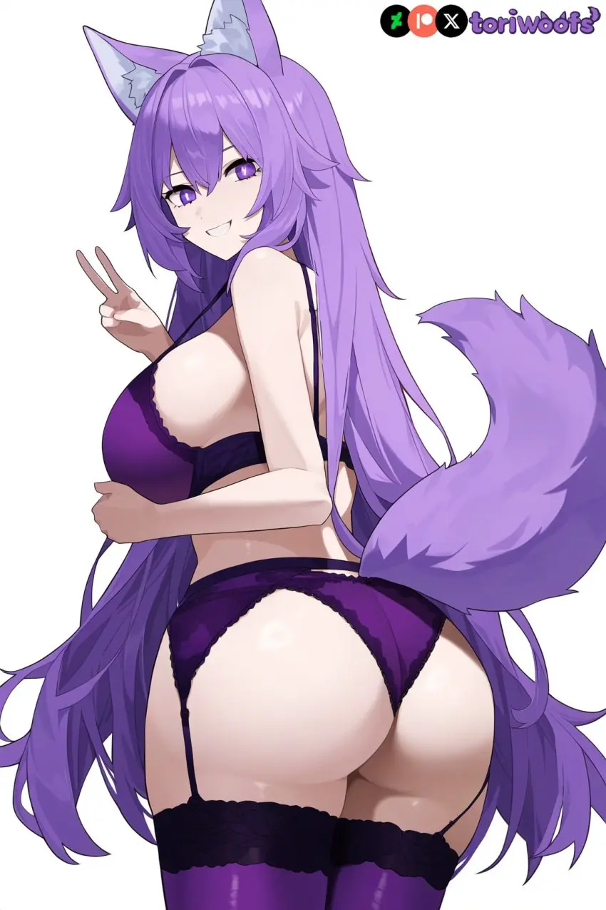 Image 1girls,big_breasts,breasts,female,female_only,highres,light_skin,long_hair,white_background,thighhighs,ass,thick_thighs,thighs,wide_hips,patreon_username,watermark,hips,ai_generated,lingerie,wavy_hair,huge_breasts,kemonomimi,purple_eyes,curvy,purple_hair,cute,dog_ears,dog_girl,ass_focus,wolf_ears,purple_ears,light_skinned_female,petgirl,purple_tail,tori,toriwoofs