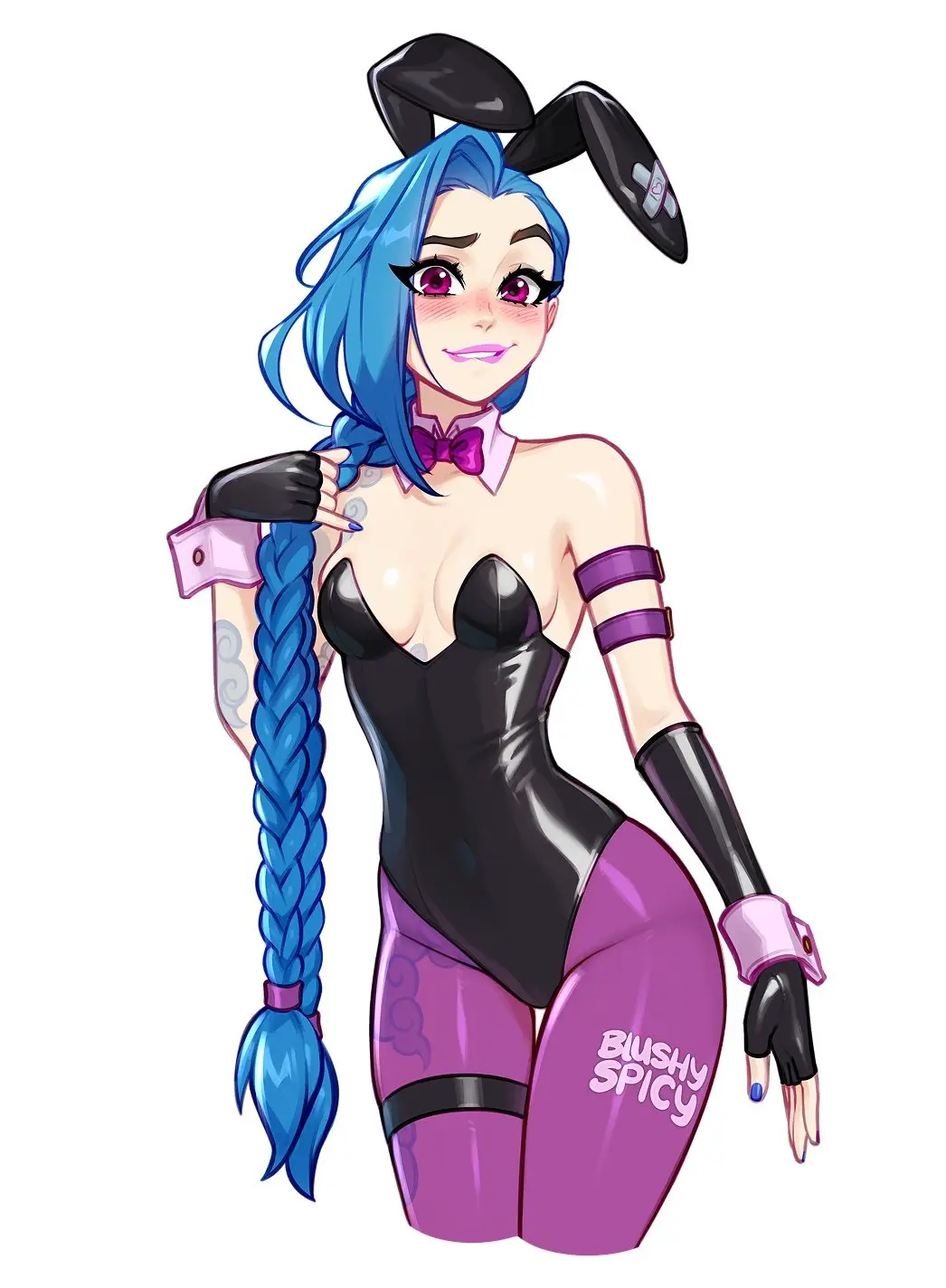 Image 1girls,blush,female,female_only,human,looking_at_viewer,smile,solo,blue_hair,biting_lip,smiling,artist_name,bunny_ears,braid,artist_signature,bunnysuit,league_of_legends,artist_logo,blush_lines,riot_games,jinx_(league_of_legends),url,three-quarter_portrait,blushypixy,blushyspicy