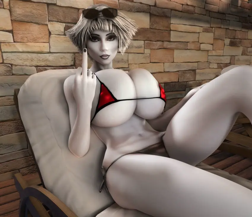 Image 1girls,breasts,clothed,female,female_only,looking_at_viewer,nipples,solo,bikini,thick_thighs,thighs,wide_hips,cleavage,clothed_female,solo_female,huge_breasts,breasts_bigger_than_head,gigantic_breasts,sunglasses_on_head,3d,hourglass_figure,slim_waist,alternate_breast_size,micro_bikini,string_bikini,3d_(artwork),thin_waist,small_waist,skimpy,skimpy_clothes,nipples_visible_through_clothing,middle_finger,sunglasses,grey_skin,barely_clothed,skimpy_bikini,flipping_off,flipping_the_bird,beach_chair,vaako,chiana,farscape,grey_skinned_female