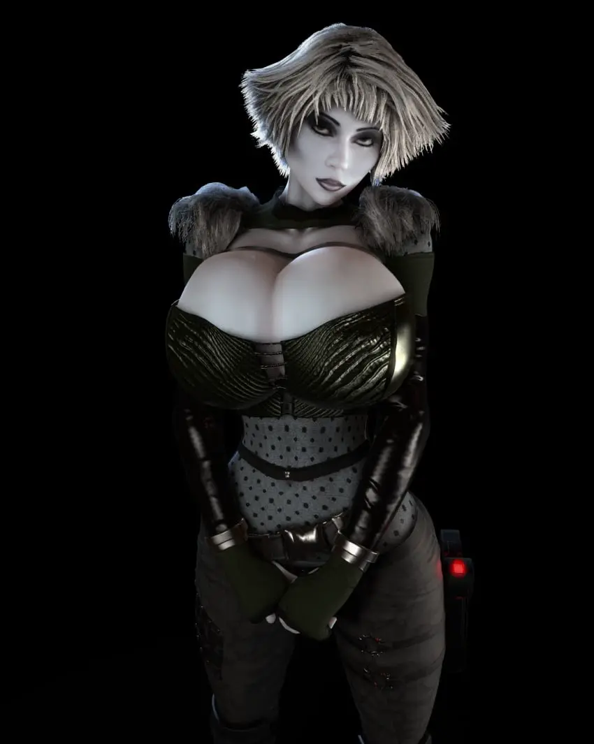 Image 1girls,breasts,clothed,female,female_only,grey_hair,looking_at_viewer,nipples,solo,white_hair,gloves,big_hair,thick_thighs,thighs,wide_hips,cleavage,clothed_female,solo_female,huge_breasts,breasts_bigger_than_head,cleavage_cutout,pale-skinned_female,curvy,pale_skin,medium_hair,3d,hourglass_figure,slim_waist,upper_body,alternate_breast_size,3d_(artwork),nipples_visible_through_clothing,fingerless_gloves,front_view,goth,goth_girl,silver_hair,boob_window,grey-skinned_female,grey_skin,shoulder_tuft,thigh_holster,grey_theme,cleavage_window,vaako,chiana,farscape,holster,black_theme