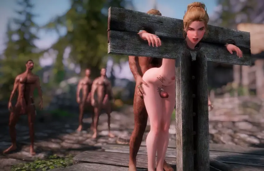 Image female,light-skinned_female,male,blonde_hair,3d,public,outside,blurry_background,multiple_males,rubbing,the_elder_scrolls,public_sex,skyrim,nord,grabbing_hips,pillory,penis_between_legs,embry,fallingtho,gerdur,imperial,taking_turns,modded,riverwood,cock_between_legs