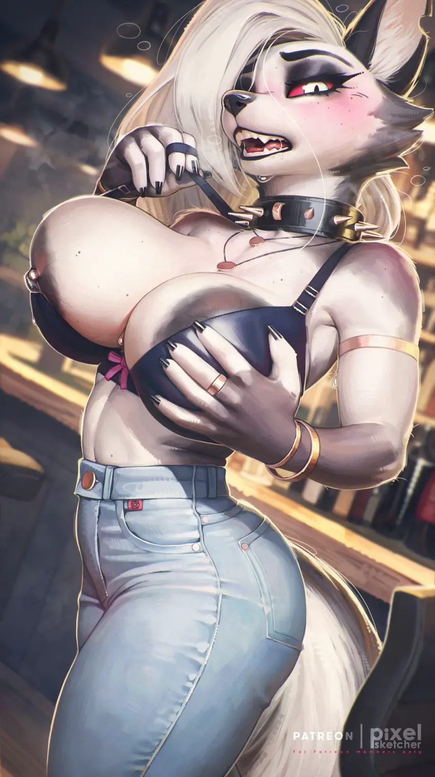 Image big_breasts,blush,breasts,clothed,female,female_only,hi_res,bra,big_ass,thick_thighs,areolae,sports_bra,anthro,flustered,necklace,collar,large_ass,ring,helluva_boss,loona_(helluva_boss),jeans,drunk,vivienne_medrano,grey_areola,grey_nipples,pixelsketcher,nip_slip