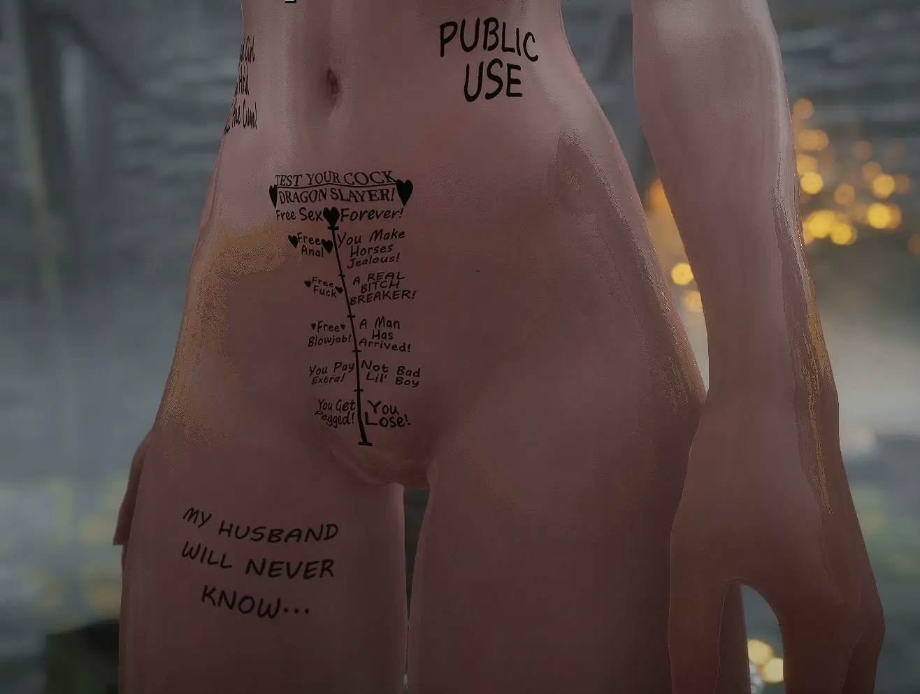 Image 1girls,female,solo,shaved_pussy,text,naked,wet,3d,public,pubic_tattoo,english_text,wet_body,body_writing,cheating,blurry_background,the_elder_scrolls,small_penis_humiliation,cheating_wife,cheating_(relationship),skyrim,public_use,size_play,writing_on_body,size_comparison,meter,measuring_penetration_depth,big_penis_adoration,fallingtho,gerdur,modded,penetration_depth_mark,penis_size_requirement,testing