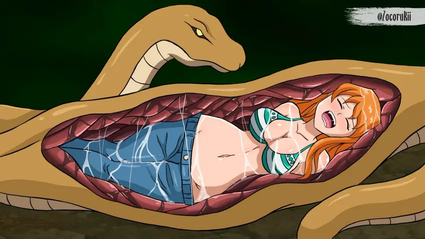 Image big_breasts,blush,breasts,female,female_only,bikini,one_piece,belly,belly_button,nami_(one_piece),post-timeskip,one-piece_swimsuit,swimsuit,bikini_top,bikini_top_only,x-ray,vore,vore_belly,snake,animal,sexy_armpits,zocorukii,snake_vore,digusting