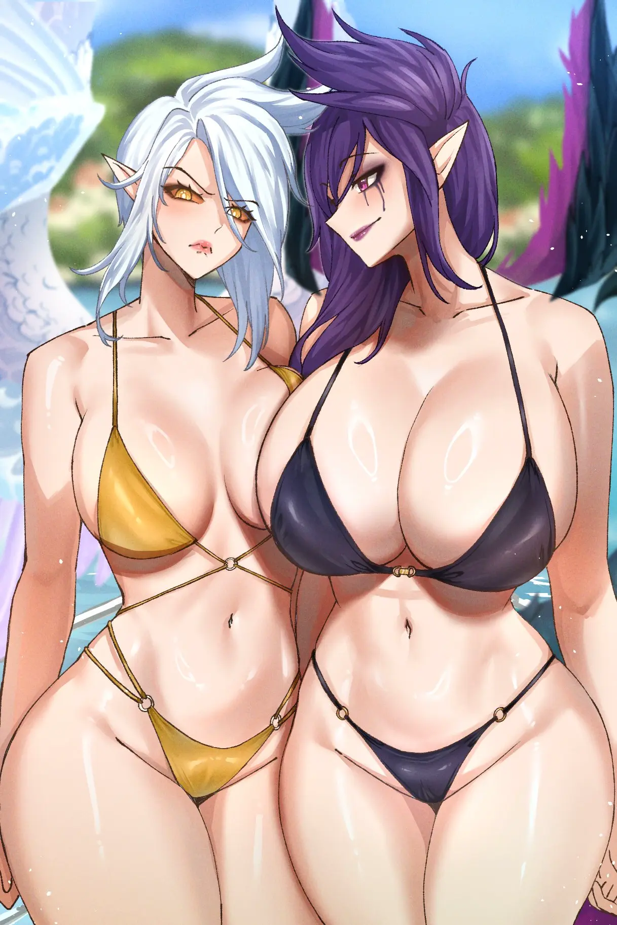 Image big_breasts,breasts,cowboy_shot,female,female_only,large_breasts,standing,white_hair,2girls,multiple_girls,yellow_eyes,bikini,thick_thighs,voluptuous,wide_hips,cleavage,huge_breasts,wings,purple_eyes,purple_hair,smug,outdoors,breast_size_difference,league_of_legends,annoyed,mother_daughter_boob_envy_(meme),meme,riot_games,annoyed_expression,smug_face,breast_envy,smug_expression,jealous_female,irritated,jealous,breast_size_comparison,kayle,morgana,ryuukusnpaiarts