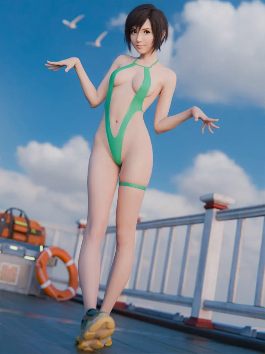 Image 1girls,breasts,brown_eyes,female,female_only,solo,black_hair,navel,short_hair,female_focus,athletic,wide_hips,cleavage,busty,3d,hourglass_figure,final_fantasy,final_fantasy_vii,athletic_female,sling_bikini,tomboy,yuffie_kisaragi,sneakers,odd_3d