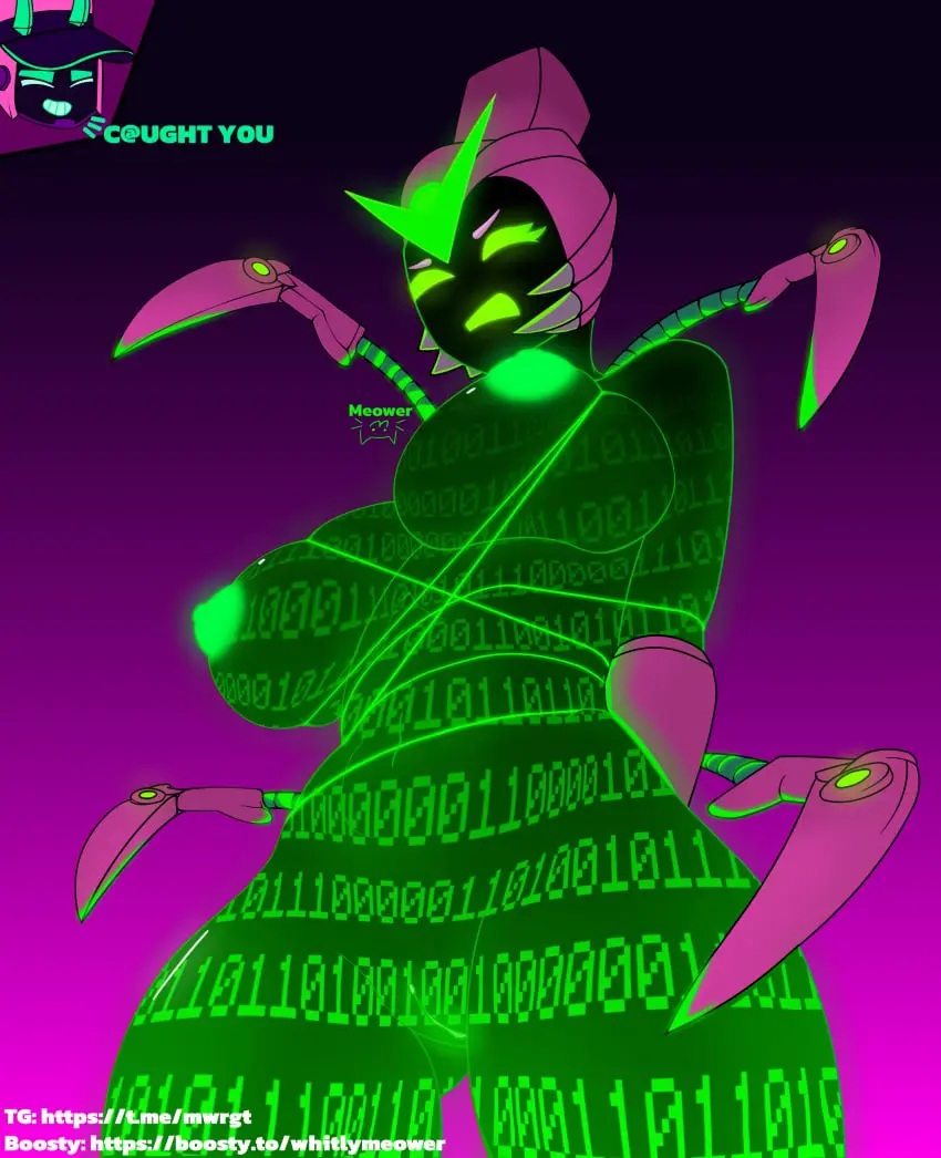 Image big_breasts,breasts,female,big_ass,watermark,text,breasts_bigger_than_head,tagme,glowing_eyes,english_text,bondage,tied_up,brawl_stars,robot_girl,glowing_body,spider,glowing_markings,glowing_nipples,glowing_genitalia,spider_girl,glowing_pussy,charlie_(brawl_stars),virus_charlie_(brawl_stars),fang_(brawl_stars),meower