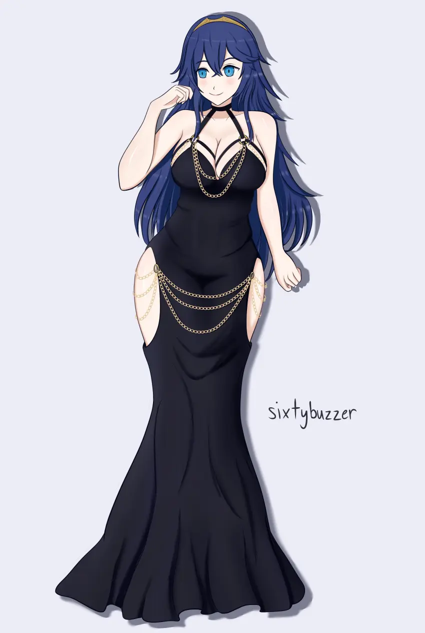 Image 1girls,breasts,female,female_only,large_breasts,long_hair,solo,very_long_hair,blue_eyes,blue_hair,symbol-shaped_pupils,thighs,bare_shoulders,bare_thighs,collarbone,shoulders,dress,nintendo,hair_between_eyes,alternate_costume,fire_emblem,fire_emblem_awakening,lucina_(fire_emblem),full_body,tiara,modakawa_dress,bare_arms,side_slit,sixtybuzzer