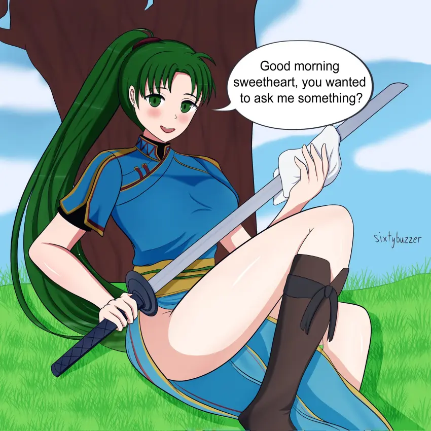 Image 1girls,blush,breasts,female,female_only,large_breasts,long_hair,looking_at_viewer,open_mouth,smile,solo,ponytail,text,green_eyes,legs,sitting,nintendo,outdoors,green_hair,fire_emblem,english_text,tree,boots,cleaning,sword,bare_legs,lyn_(fire_emblem),fire_emblem:_the_blazing_blade,sixtybuzzer