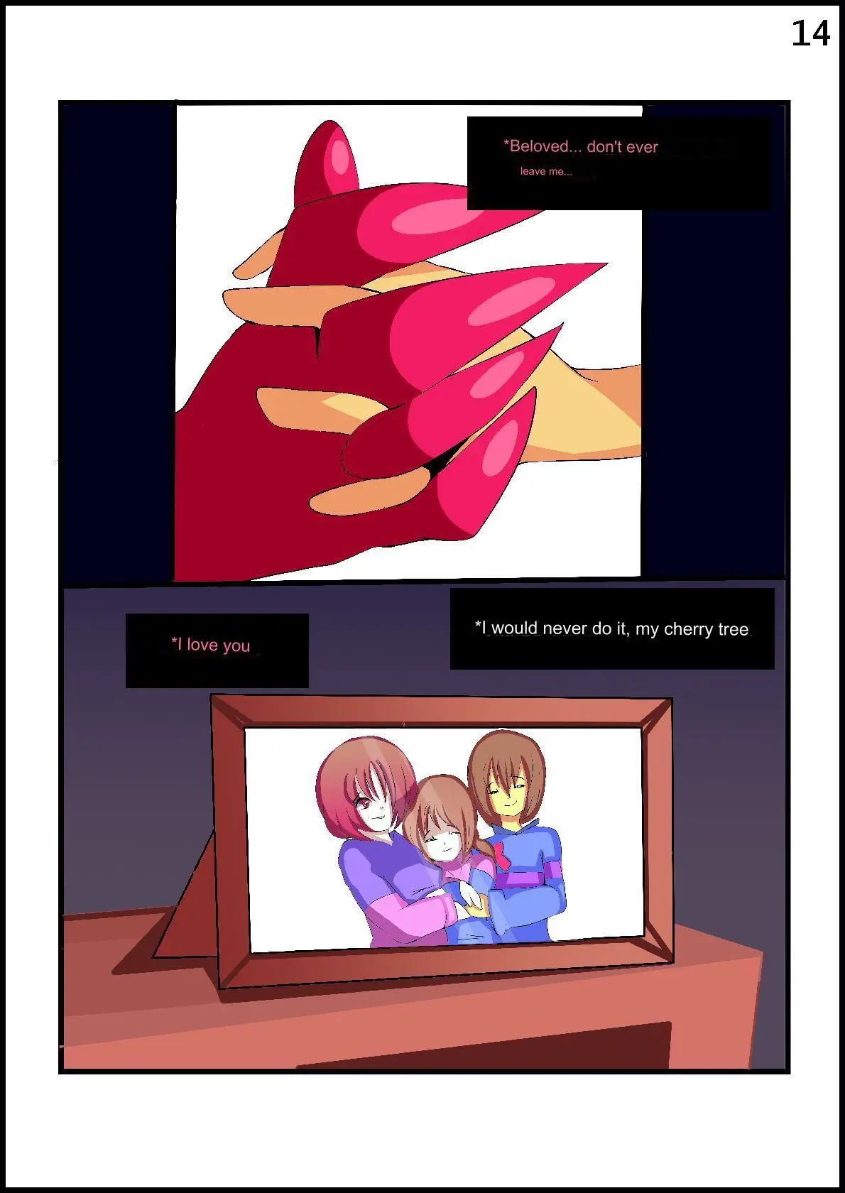 Image red_hair,tagme,naked,brown_hair,comic,holding_hands,wholesome,page_number,indigopencil,frisk,page_14,bete_noire,betty_noire,glitchtale,family_portrait