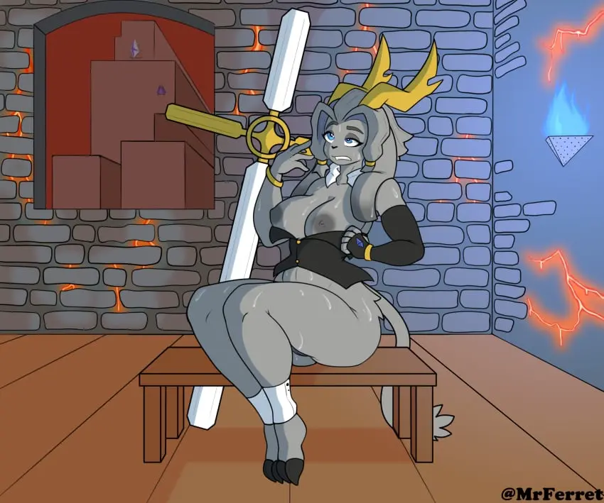 Image clothing,female,hi_res,nipples,solo,gloves,pussy,sweat,anthro,sweatdrop,bodily_fluids,fur,genitals,grey_body,grey_fur,inside,mammal,horn,antlers,bovid,undressing,handwear,lagomorph,leporid,rabbit,mostly_nude,caprine,goat,bench,fanning_self,fanning,jackalope,pseudoregalia,sybil_(pseudoregalia),baton,grey_nipples,cracks,mrferret,brick