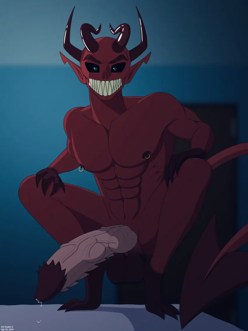 Image hi_res,looking_at_viewer,nipples,simple_background,smile,solo,male,nude,penis,tail,big_penis,erection,humanoid,male_only,digital_media_(artwork),jewelry,teeth,balls,piercing,green_eyes,mythology,demon,absurd_res,bed,sharp_teeth,genital_fluids,bedroom,bodily_fluids,genitals,claws,horn,crouching,nipple_piercing,non-human,ring,penile,furniture,mythological_creature,red_body,non-human_only,nipple_ring,ring_piercing,blurred_background,spade_tail,sleep_paralysis_demon,dustin_c