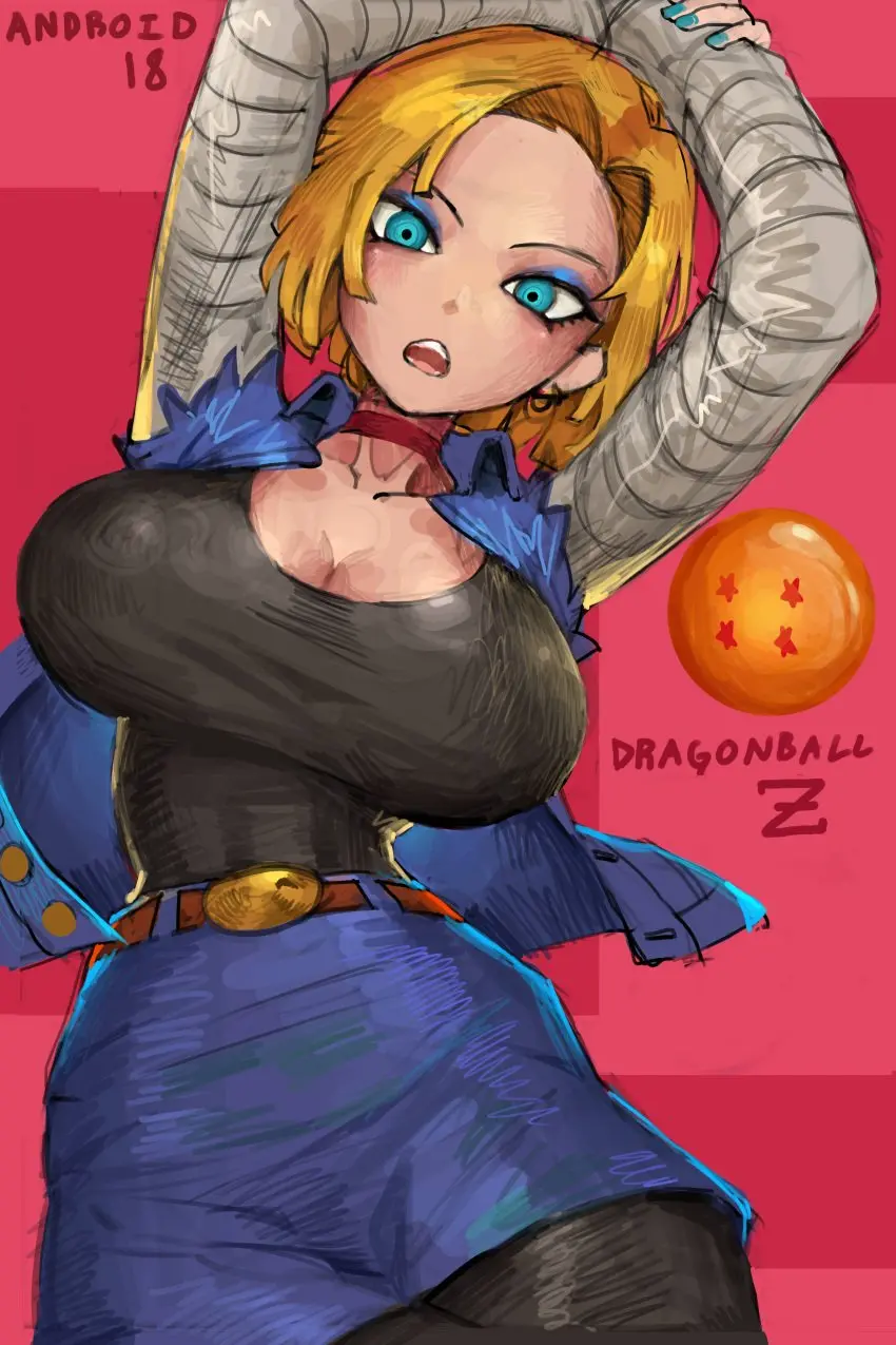 Image 1girls,breasts,female,light-skinned_female,light_skin,blue_eyes,choker,arms_up,huge_breasts,blonde_hair,android_18,dragon_ball,dragon_ball_z,busty,blue_nails,painted_nails,painted_fingernails,blue_eyeshadow,jean_skirt,dragon_ball_(object),jean_jacket,saiykik